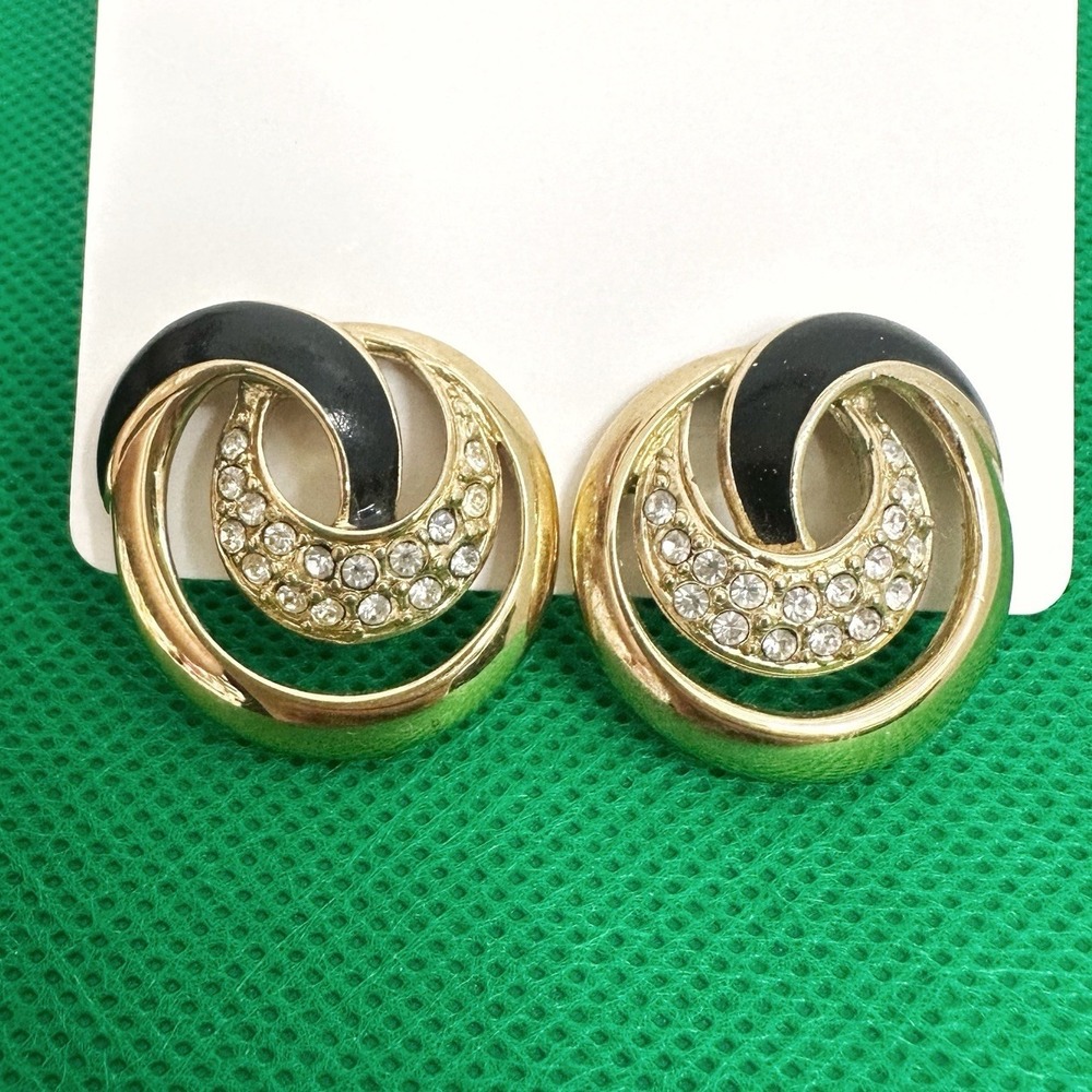 Vintage Trifari TM Black Enamel Clear Rhinestone Gold Tone Clip Earrings Elegant